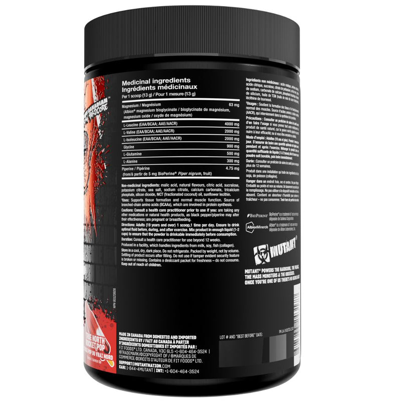 Mutant Hardcore BCAA, True North, Rocket Pop, 30 servings Nutritional Panel - SupplementSource.ca