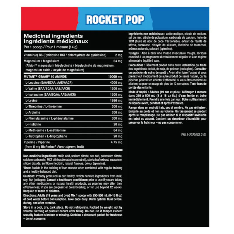 Mutant GEAAR True North Rocket Pop, 30 servings Nutrition Panel - SupplementSource.ca
