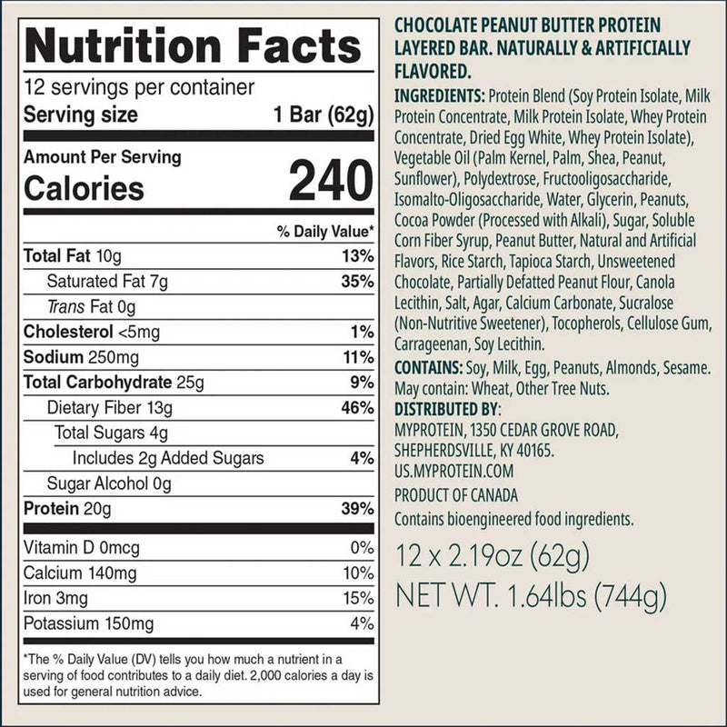MyProtein Layered Bar, 1 Box of 12 Bars Chcolate Peanut Butter Nutrtition Panel -  SupplementSource.ca