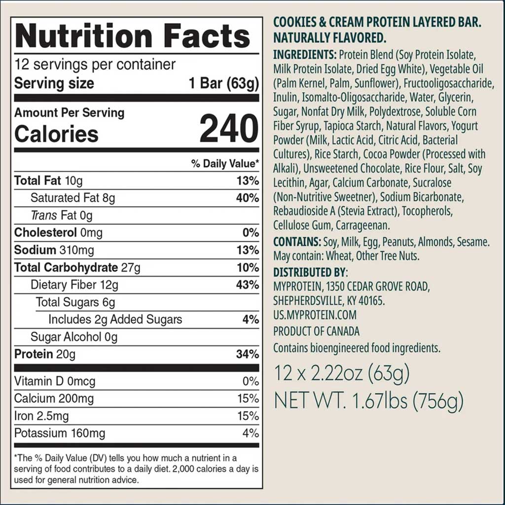 MyProtein Layered Bar, 1 Box of 12 Bars Cookies and Cream Nutrition Panel -  SupplementSource.ca