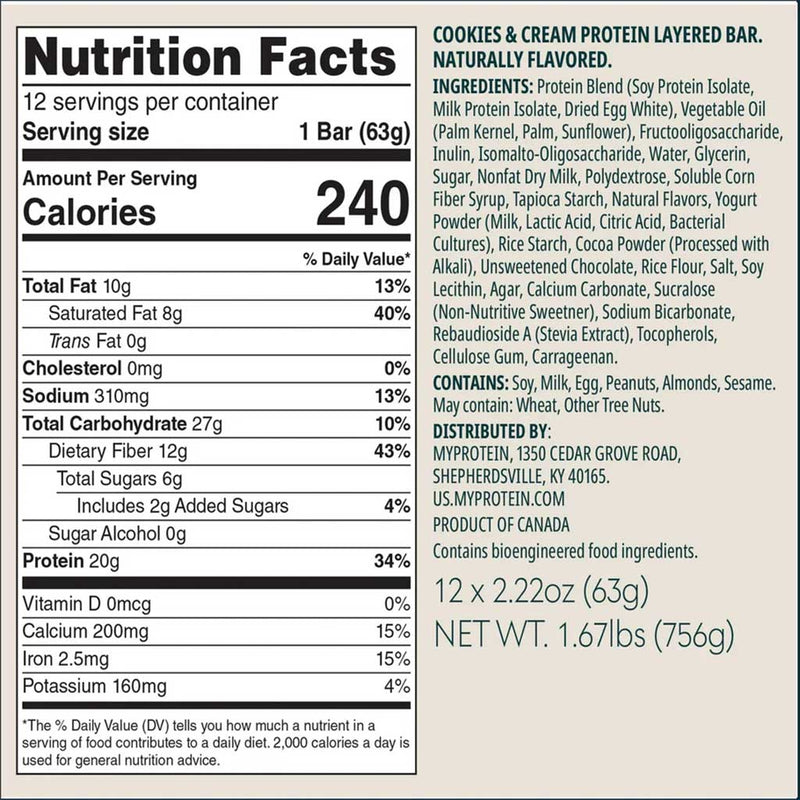 MyProtein Layered Bar, 1 Box of 12 Bars Cookies and Cream Nutrition Panel -  SupplementSource.ca