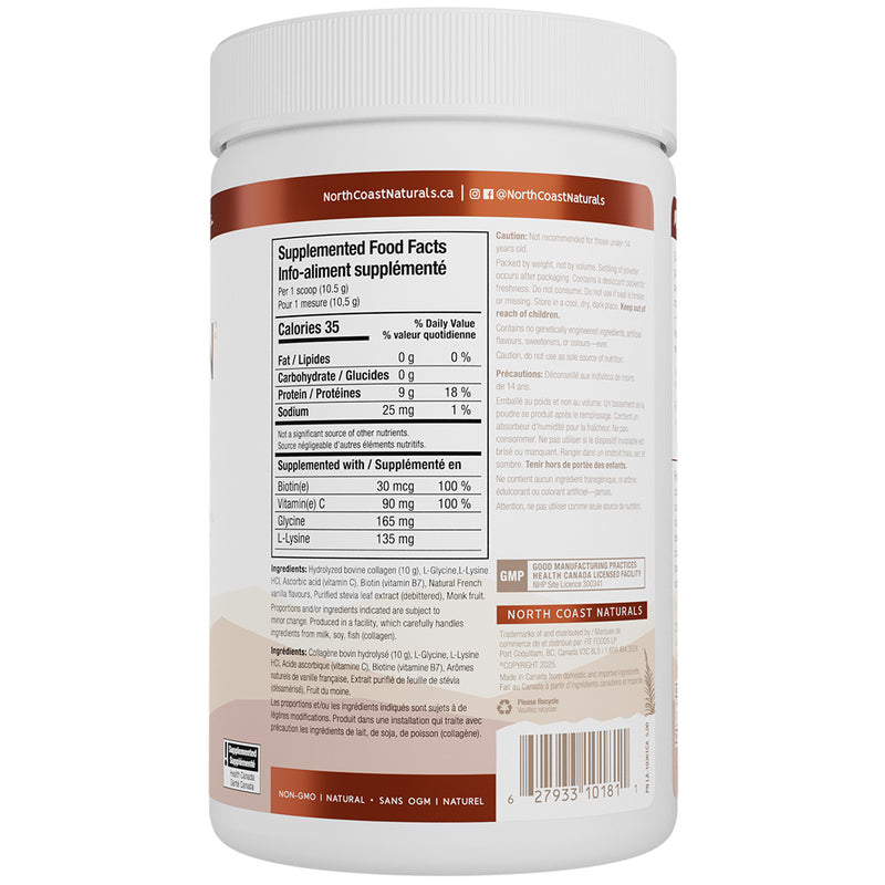 North Coast Naturals Grass-Fed Collagen, 250g French Vanilla Nutrition Panel - SupplementSource.ca