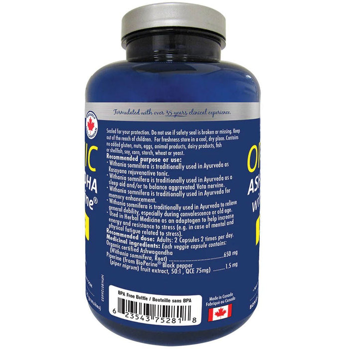 Naka Platinum Organic Ashwagandha w/ BioPerine, 150 VCaps Nutrition Panel - SupplementSource.ca