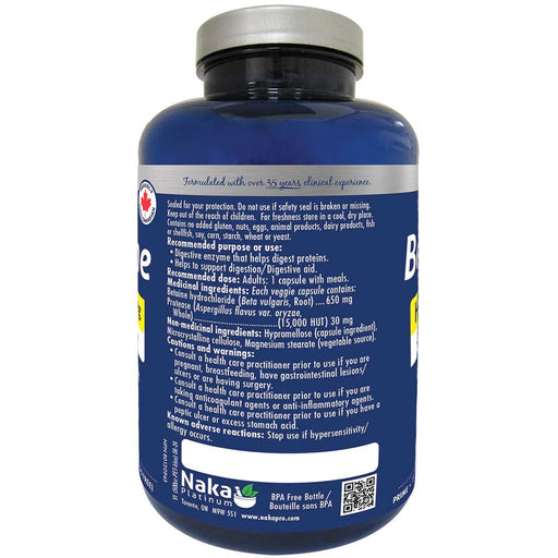 Naka Platinum Betaine 150 VCaps Nutrition Panel - SupplementSource.ca