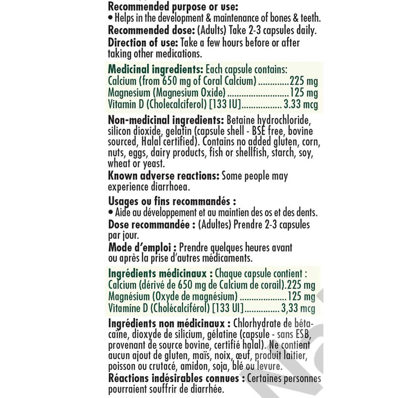 Naka Coral Calcium, 180 VCaps Nutrition Panel - SupplementSource.ca