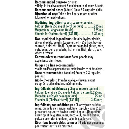 Naka Coral Calcium, 180 VCaps Nutrition Panel - SupplementSource.ca