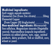 Naka Platinum Extra Strength Zinc + Copper, 120 VCaps Nutrition Panel - SupplementSource.ca