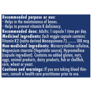 Naka Platinum K2 MK-7, 150 VCaps Nutrition Panel - SupplementSource.ca