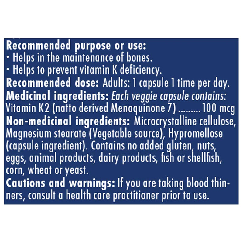 Naka Platinum K2 MK-7, 150 VCaps Nutrition Panel - SupplementSource.ca