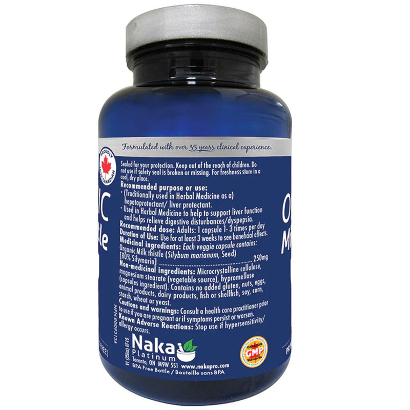 Naka Platinum Organic Milk Thistle 250mg, 75 VCaps Nutrition Panel - SupplementSource.ca