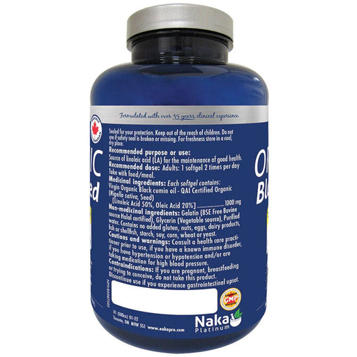 Naka Platinum Organic Black Seed, 90 Softgels Nutrition Panel - SupplementSource.ca