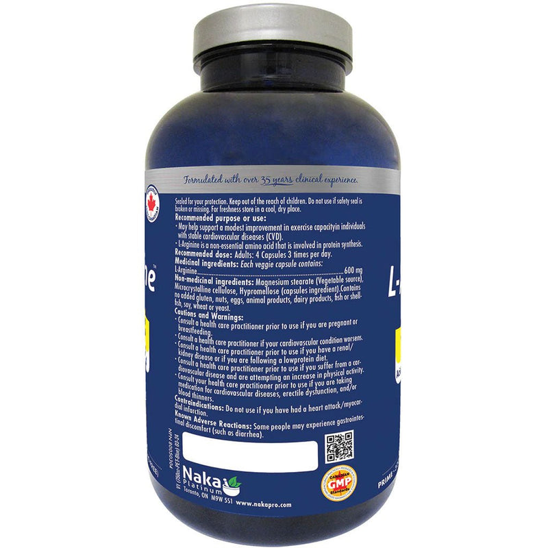 Naka Platinum Pro L-Arginine 600mg, 300 VCaps Nutrition Panel - SupplementSource.ca