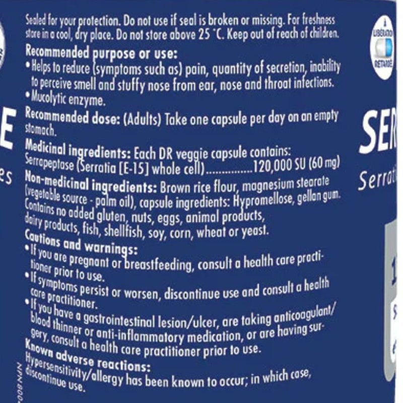 Naka Platinum Serrapeptase, 60 DR VCaps Nutrition Panel - SupplementSource.ca