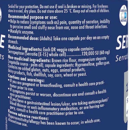 Naka Platinum Serrapeptase, 60 DR VCaps Nutrition Panel - SupplementSource.ca