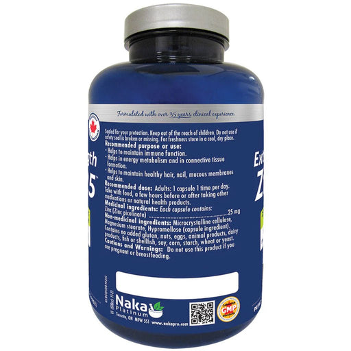 Naka Platinum Zinc 25, 120 VCaps Nutrition Panel - SupplementSource.ca