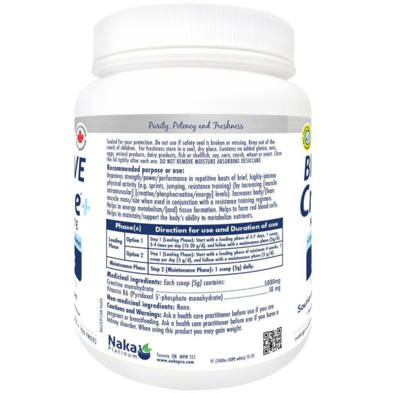 Naka Platinum Bioactive Creatine Monohydrate +B6 Nutrition Panel, 400 g - SupplementSource.ca
