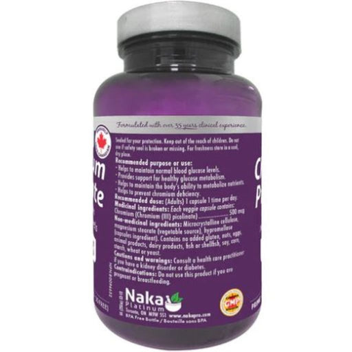 Naka Platinum Chromium Picolinate 500mcg Nutrition Panel, 120VCaps - SupplementSource.ca