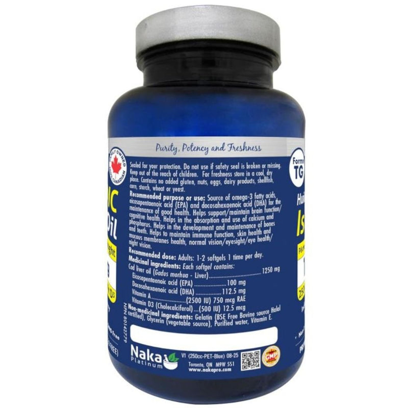 Naka Platinum Icelandic Cod Liver Oil Nutrition Panel, 1250 mg, 80 softgels - SupplementSource.ca
