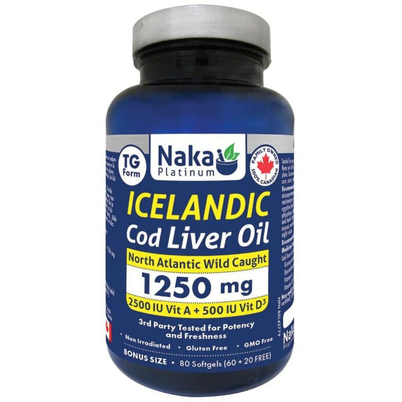 Naka Platinum Icelandic Cod Liver Oil, 1250 mg, 80 softgels - SupplementSource.ca