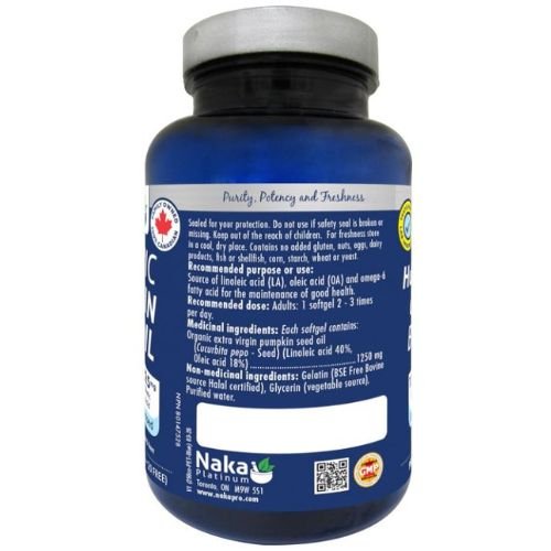 Naka Platinum Organic Pumpkin Seed Oil English Nutrition Panel, 80 Softgels - SupplementSource.ca