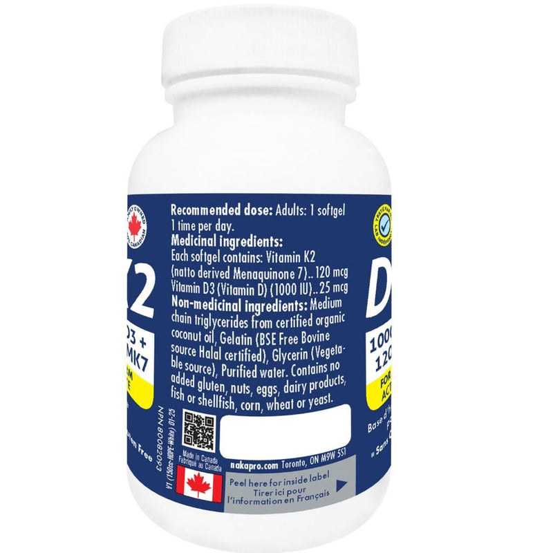 Naka Platinum VITAMIN D3+K2, 60 Softgels Nutrition Panel - SupplementSource.ca