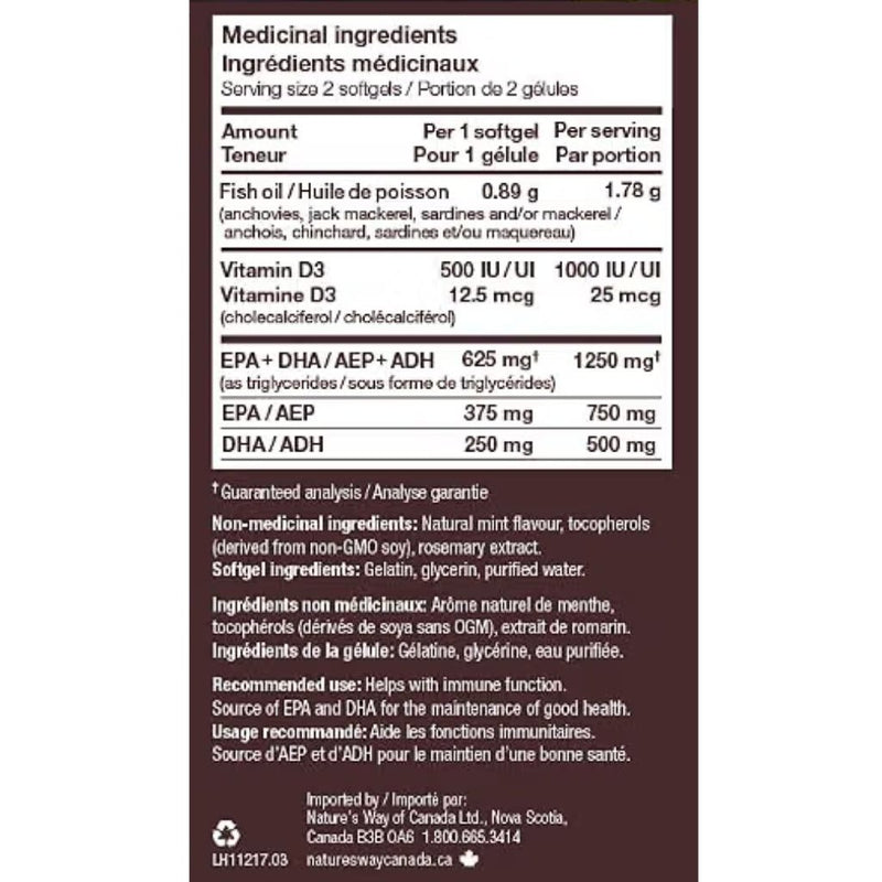 Nature's Way NutraSea Omega-3 +D, 150 Softgels Nutrition Panel - SupplementSource.ca