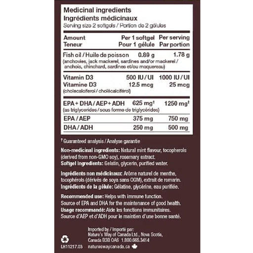 Nature's Way NutraSea Omega-3 +D, 150 Softgels Nutrition Panel - SupplementSource.ca