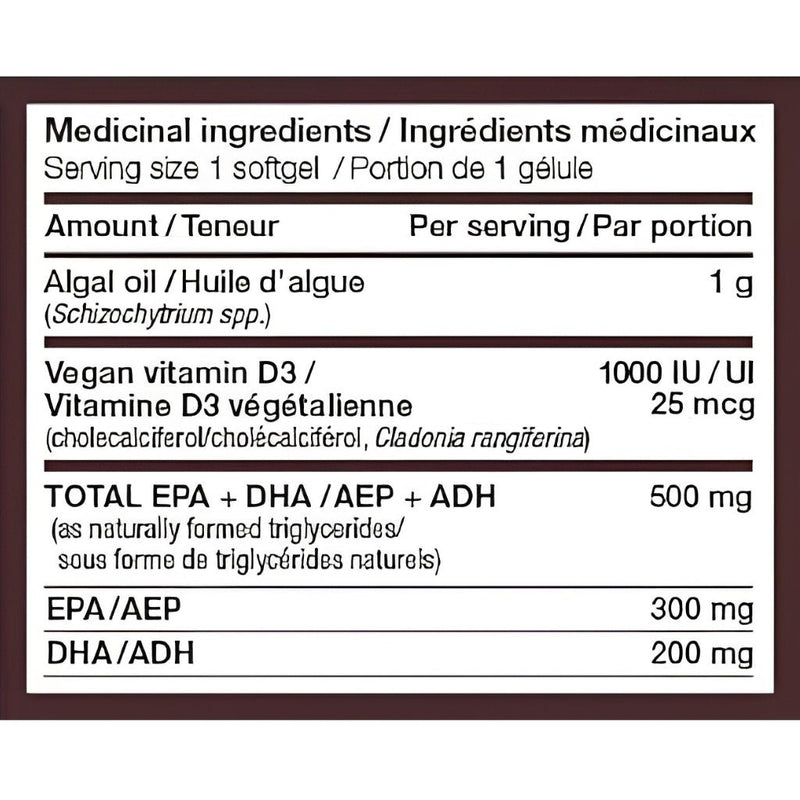 Nature's Way Plant-Based Omega-3 + Vitamin D3, 30 Softgels Nutrition Panel - SupplementSource.ca