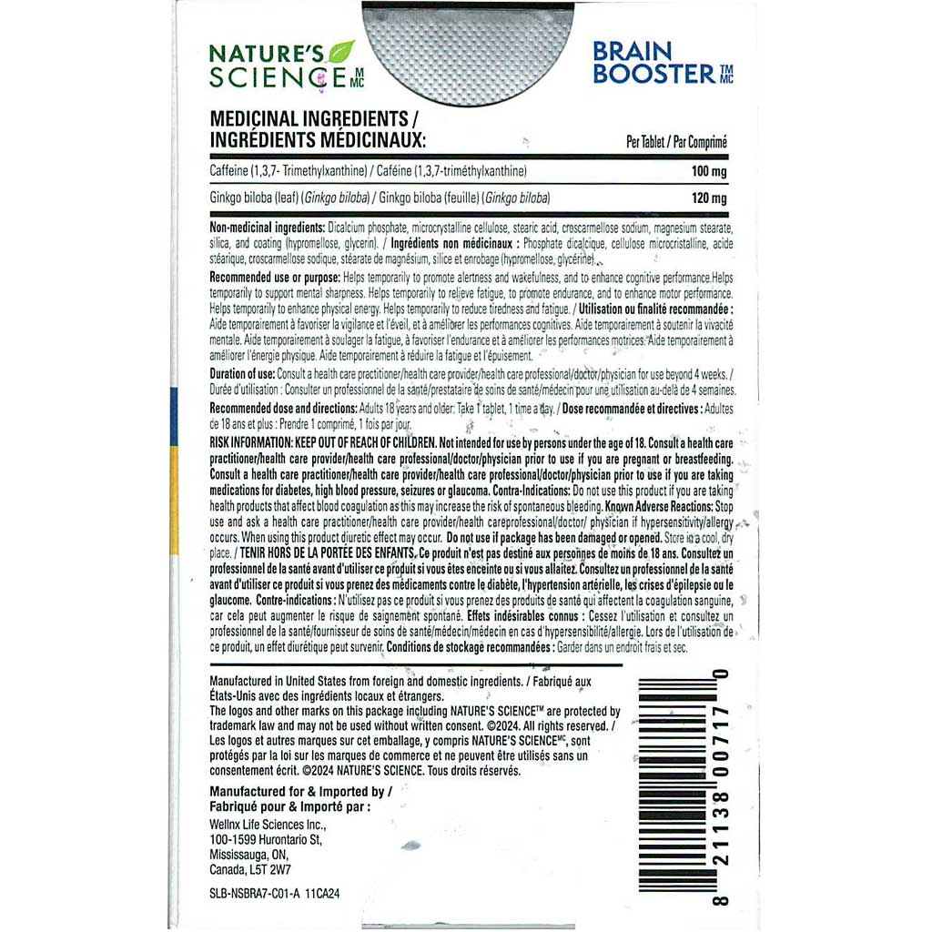 Nature's Science Brain Booster, 7-Day Supply Nutrition Panel - SupplementSource.ca