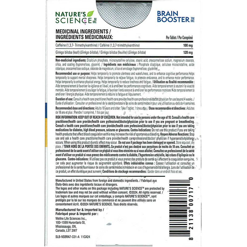 Nature's Science Brain Booster, 7-Day Supply Nutrition Panel - SupplementSource.ca