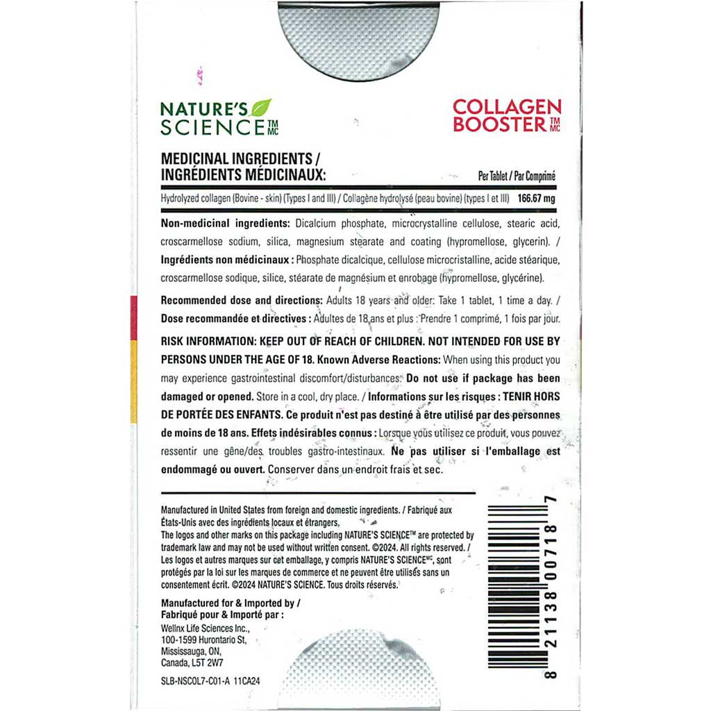 Nature's Science Collagen Booster, 7-Day Supply Nutrition Panel - SupplementSource.ca