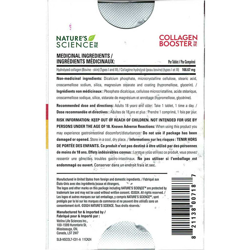 Nature's Science Collagen Booster, 7-Day Supply Nutrition Panel - SupplementSource.ca