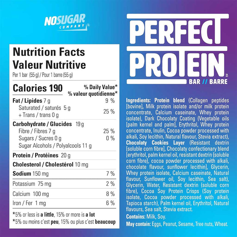 No Sugar Company Perfect Protein Bar, 55g x 14 Bars/Box Cookies N' Cream Nutrition Panel - SupplementSource.ca