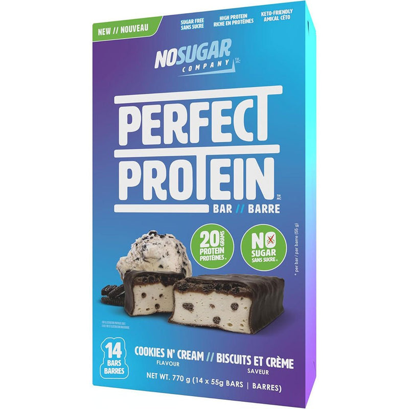 No Sugar Company Perfect Protein Bar, 55g x 14 Bars/Box Cookies N' Cream - SupplementSource.ca