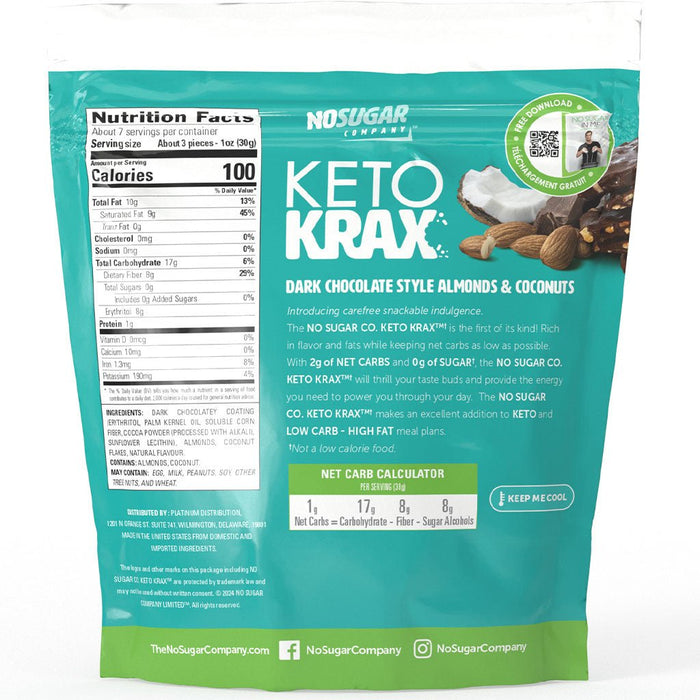 No Sugar Company Keto Krax 200g Dark Chocolate Style Almonds & Coconuts Nutrition Panel - SupplementSource.ca