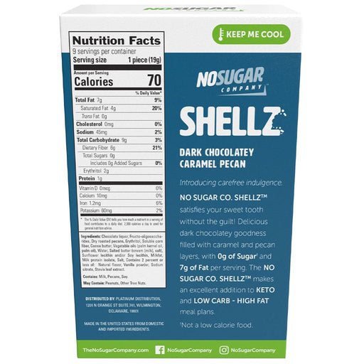 No Sugar Company Shellz, 9 Pieces Dark Chocolatey Caramel Pecan Nutrition Panel - SupplementSource.ca