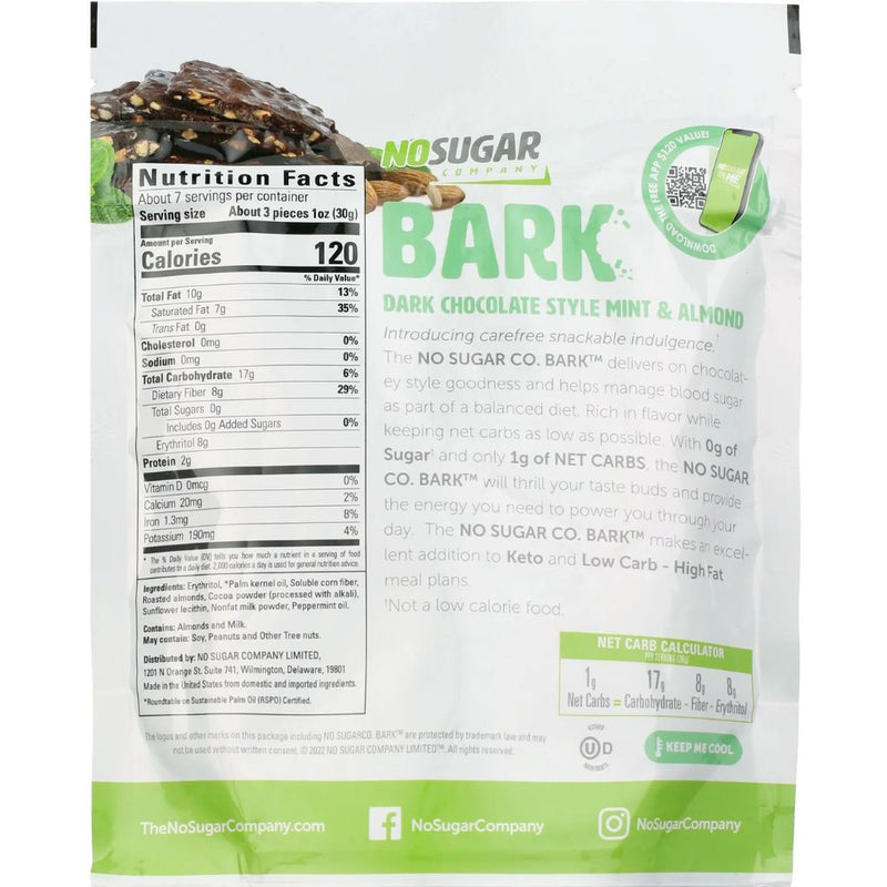 No Sugar Company Dark Bark Chocolate Mint Almond Nutrition Panel - SupplementSource.ca