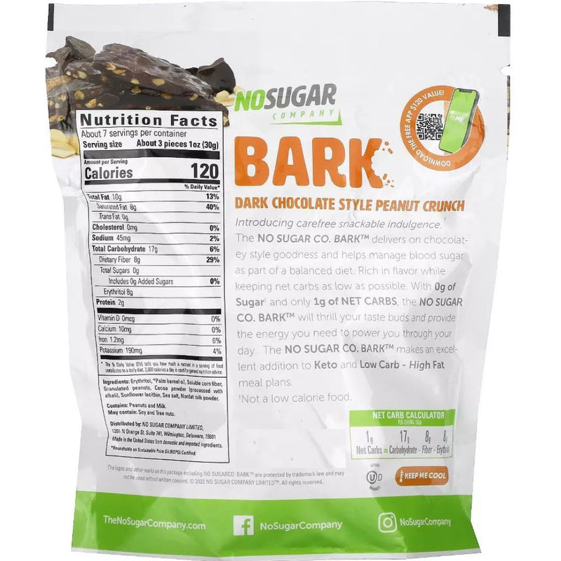 No Sugar Company Dark Bark Chocolate Peanut Nutrition Panel - SupplementSource.ca