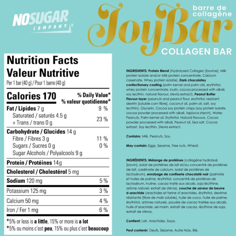 No Sugar Company Joybar Collagen Bar Nutrition Panel, Chocolate Peanut Butter,  Bars/Box - SupplementSource.ca