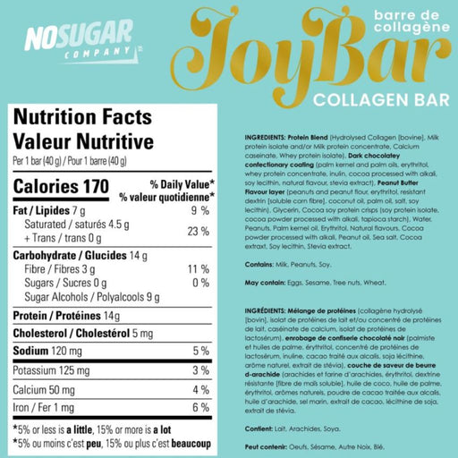No Sugar Company Joybar Collagen Bar Nutrition Panel, Chocolate Peanut Butter,  Bars/Box - SupplementSource.ca