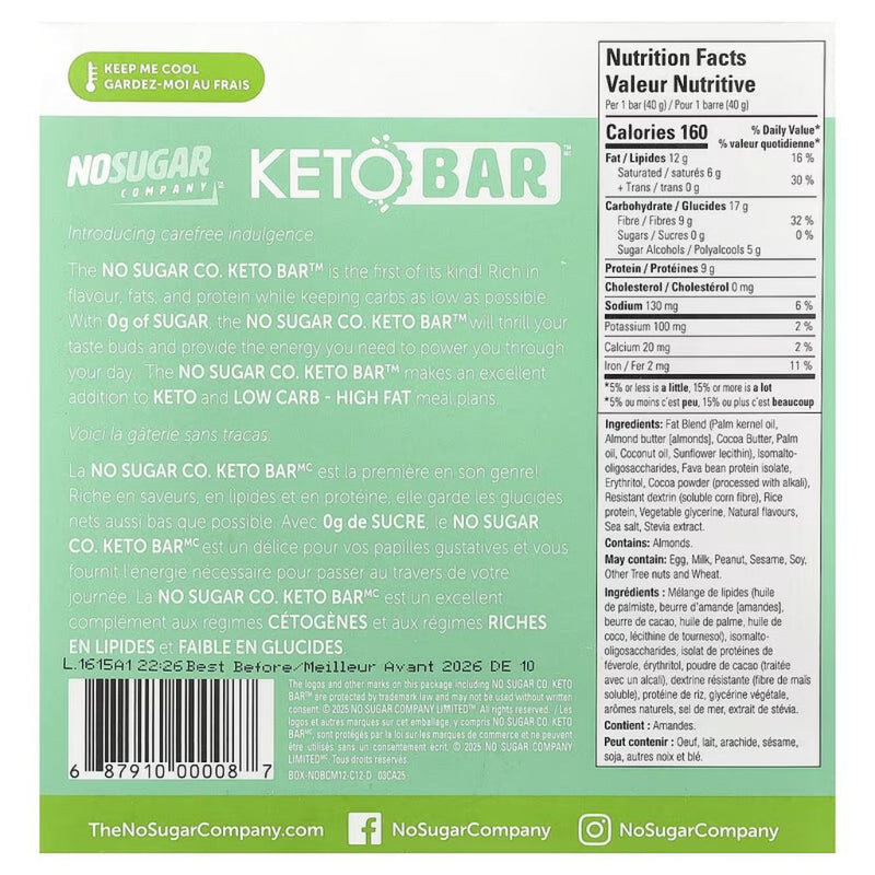 No Sugar Company KETO BAR, 40g x 12 Bars Chocolate Mint Nutrition Facts - SupplementSource.ca