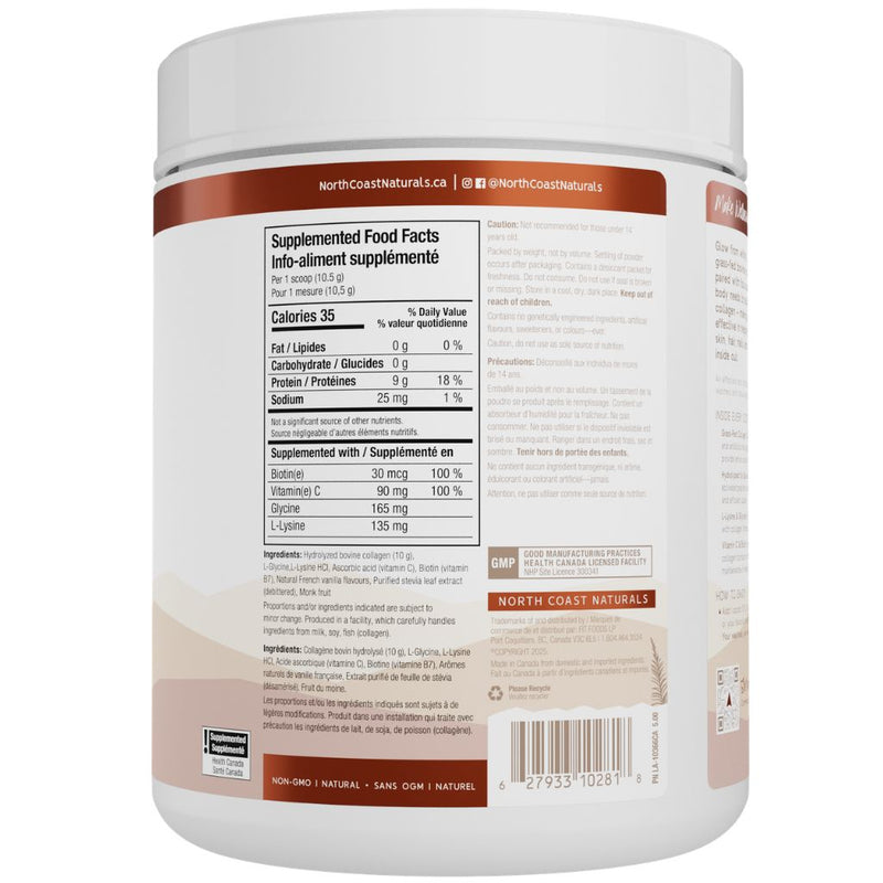 North Coast Naturals Boosted Bovine Collagen, French Vanilla,  500g Nutrition Panel - SupplementSource.ca