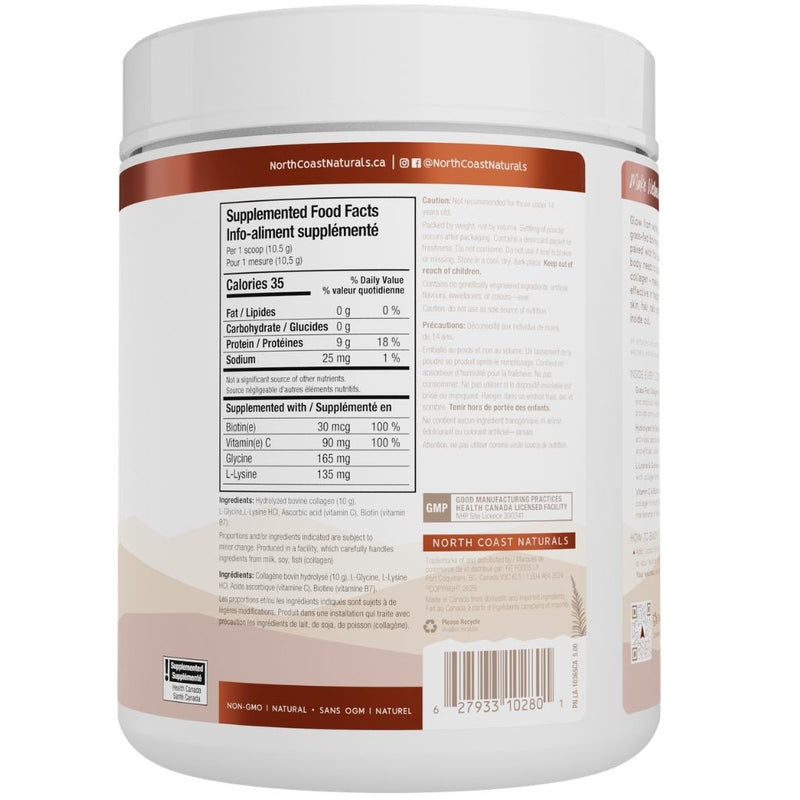 North Coast Naturals Boosted Bovine Collagen, Unflavoured,  500g Nutrition Panel - SupplementSource.ca