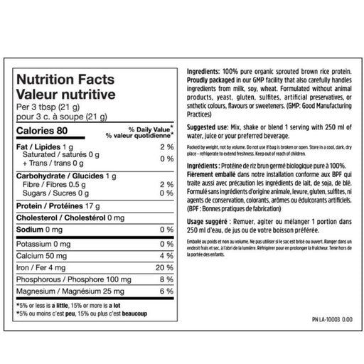North Coast Naturals Brown Rice Protein Nutrition Panel, 840g - SupplementSource.ca
