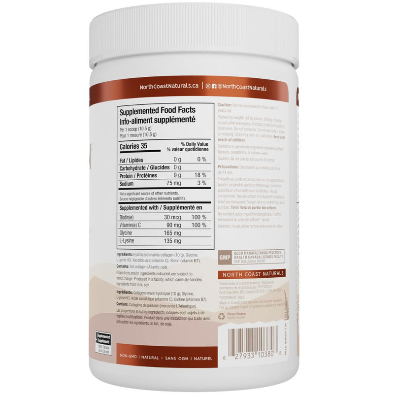 North Coast Naturals Marine Collagen 250g, Unflavoured, Nutrition Panel - SuppelmentSource.ca