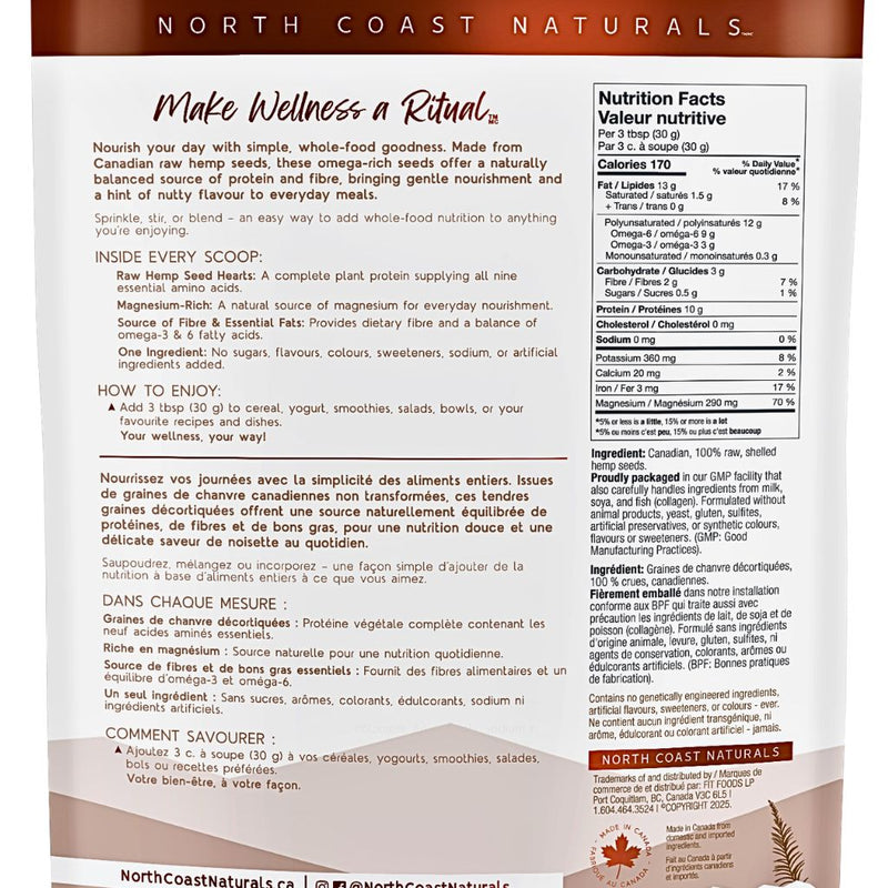 North Coast Naturals Raw Hemp Seed Hearts Nutrition Panel, Unflavoured, 454g SupplementSource.ca 
