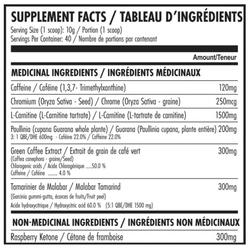 Nova Pharma AX Burner, 30 Servings Blue Raspberry Nutrition Panel - SupplementSource.ca