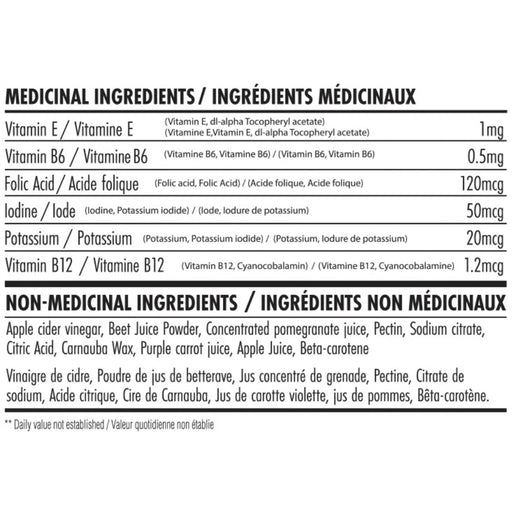 Nova Pharma Oxia Apple Cider Vinegar, 60 Gummies Nutrition Panel - SupplementSource.ca