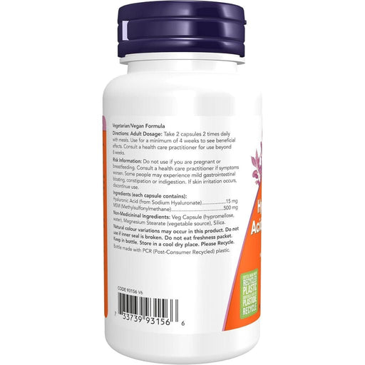 Now Hyaluronic Acid 15mg with MSM 500mg, 60 Veg Capsules Nutrition Panel - SupplementSource.ca