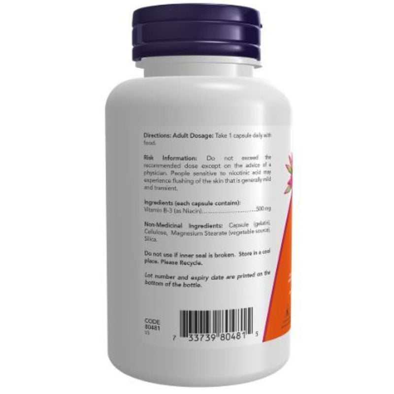 Now Niacin 500mg Nutrition Panel, 100 Capsules - SupplementSource.ca